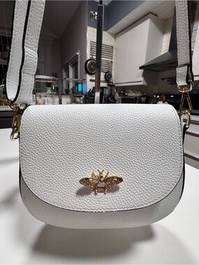 White Leather Crossbody Bag with Gold Bee Accent